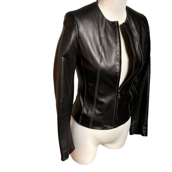 Neiman Marcus Lambskin Fitted Leather Jacket Size 2 - Picture 2 of 5